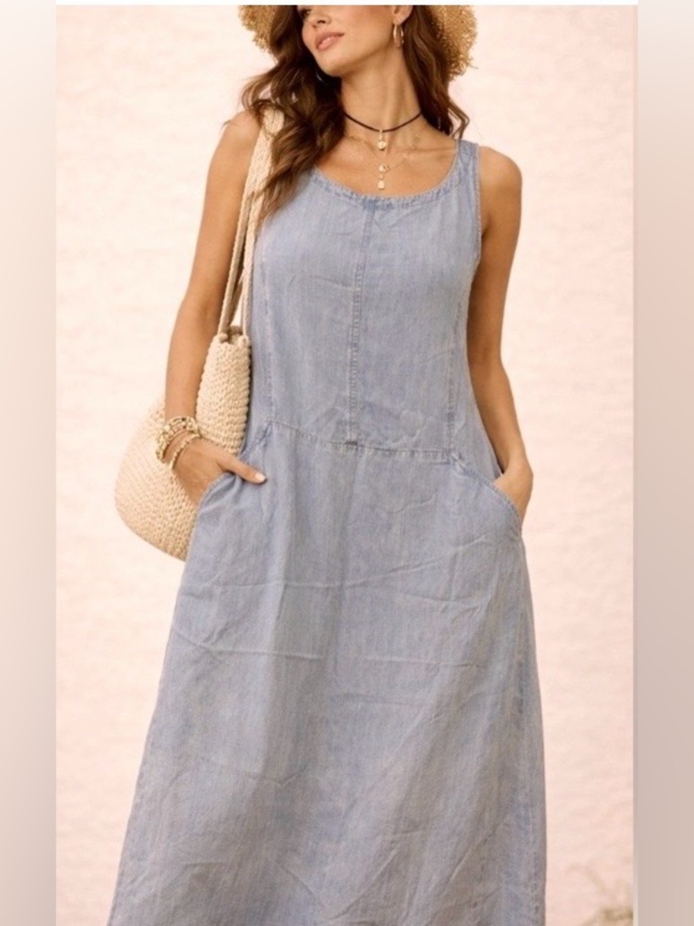 J.Jill Chambray Tencel Lyocell
Seamed Maxi Dress, Light Denim, Size MP